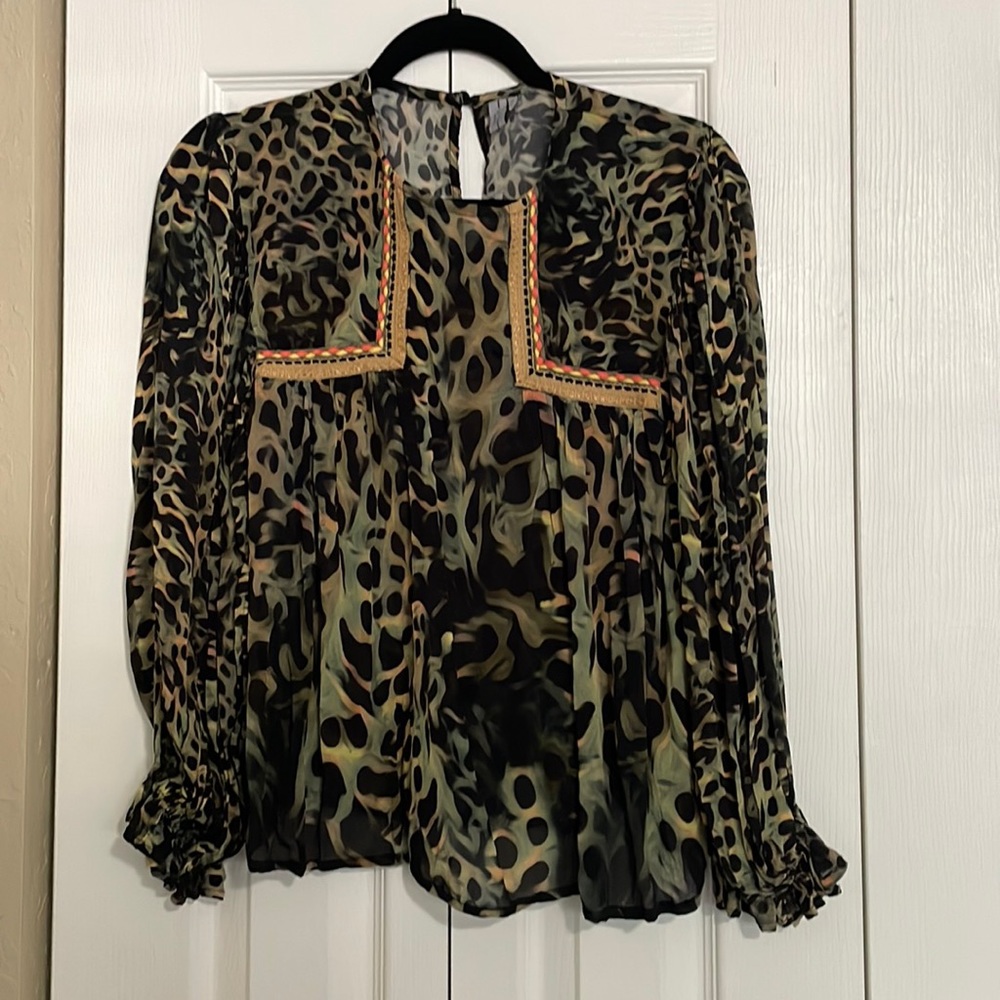 Anthropologie green and black patterned blouse